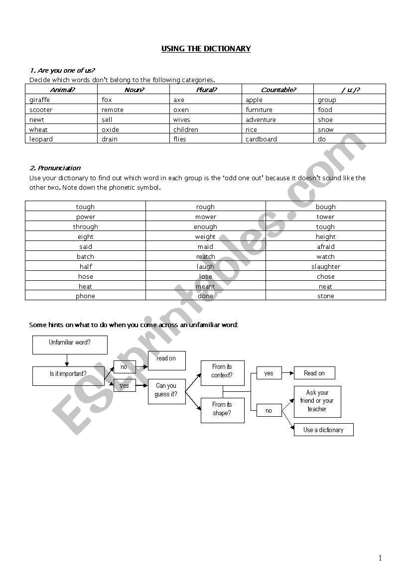 using the dictionary worksheet