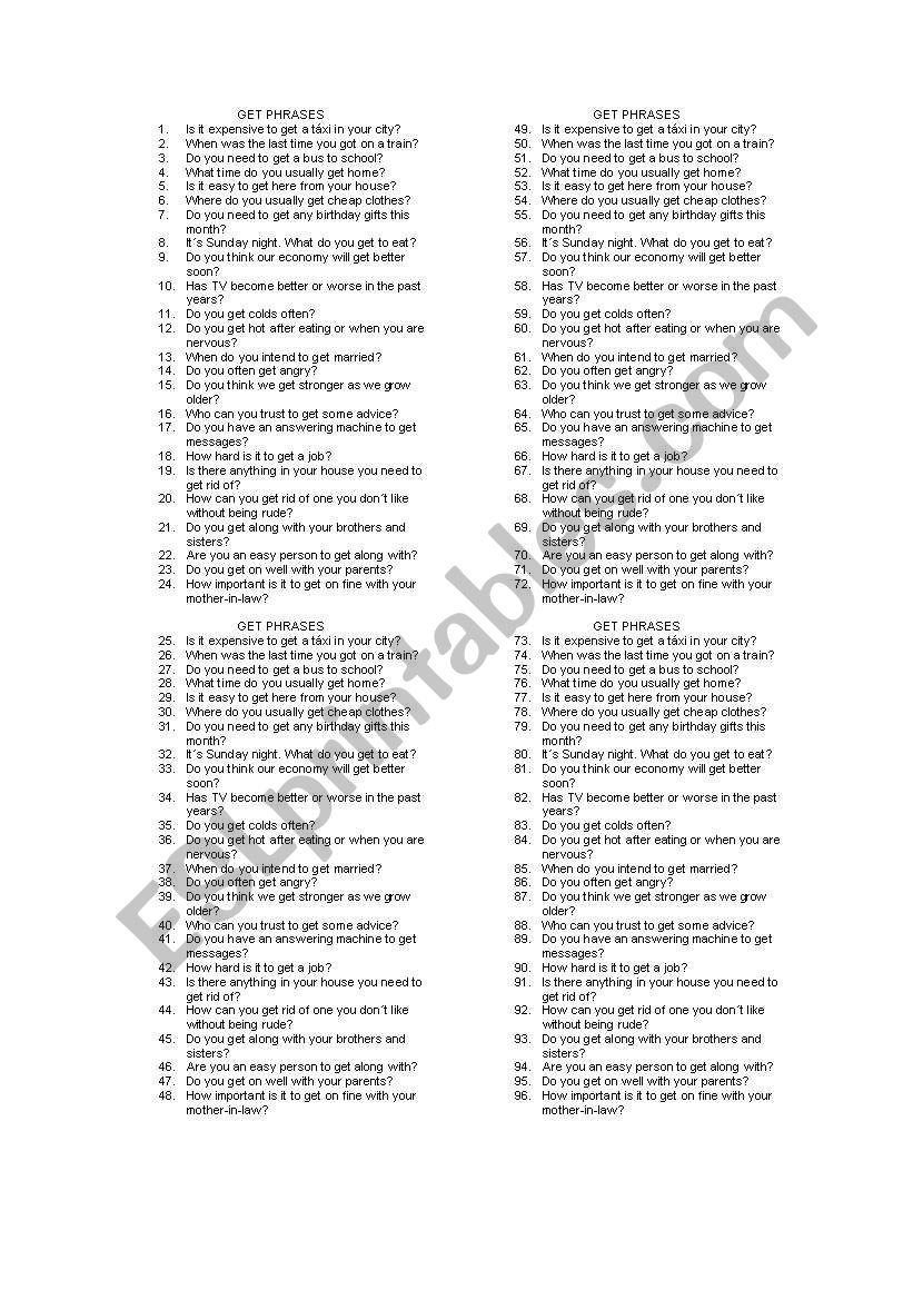 Phrases With Get Worksheet