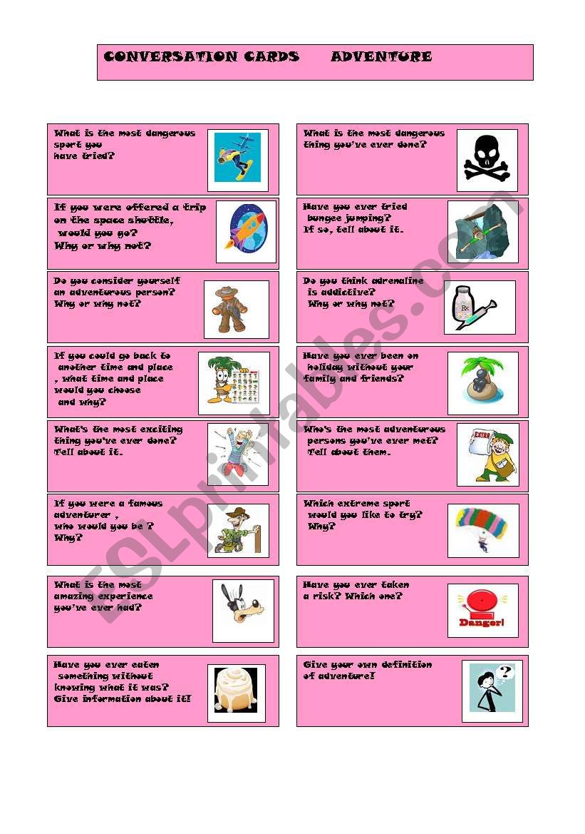 Adventure conversation cards worksheet