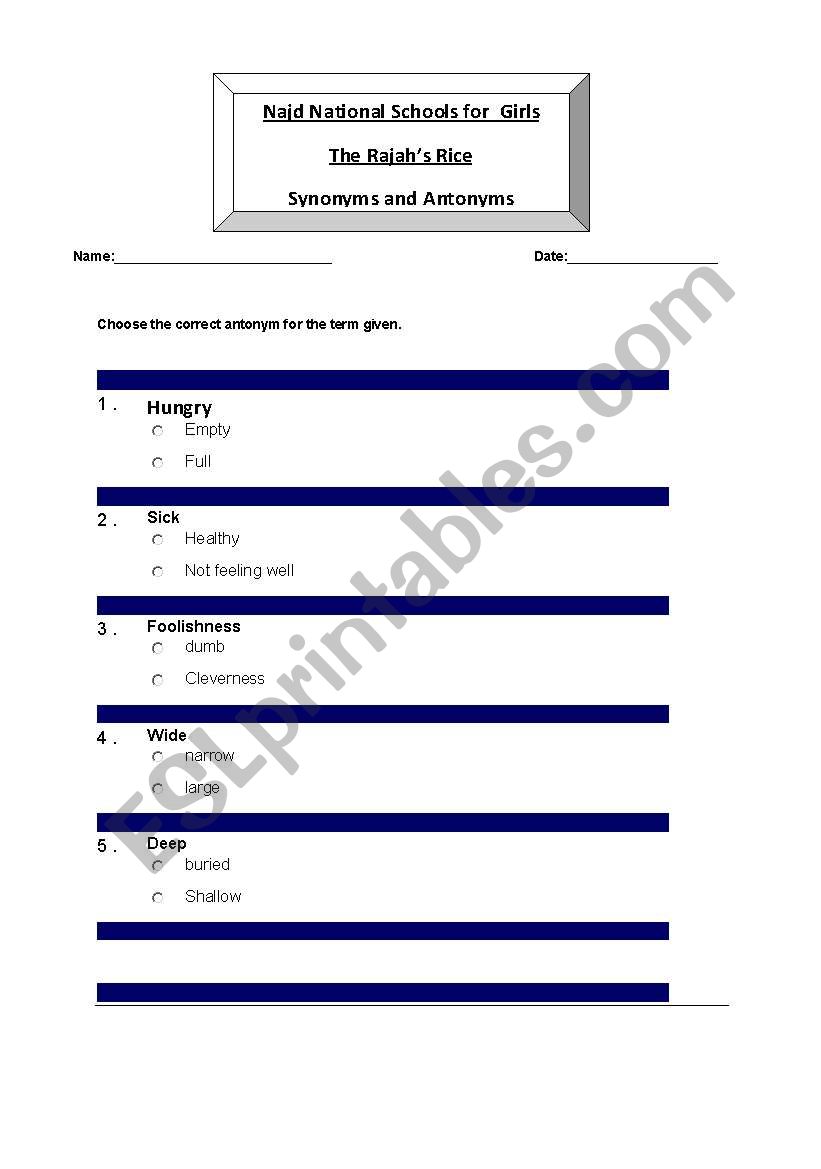 Synonyms and Antonyms worksheet