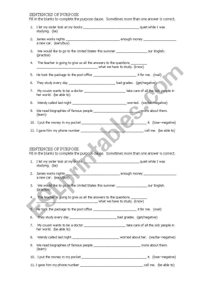 Purpose Clauses worksheet