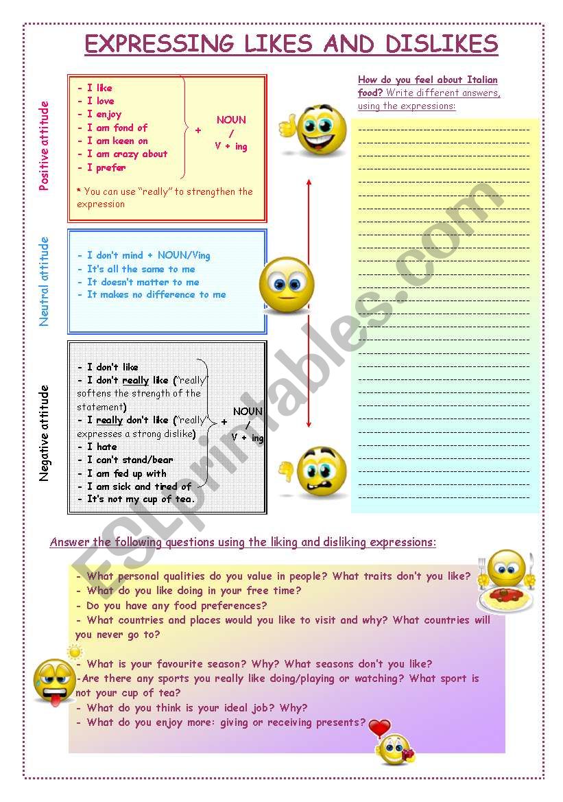 EXPRESSING LIKES AND DISLIKES worksheet