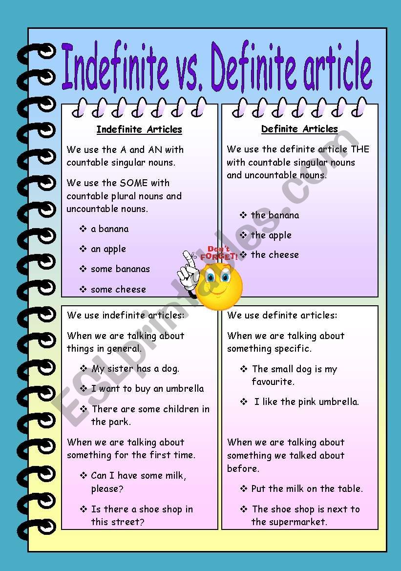 Definite And Indefinite Articles Worksheet English