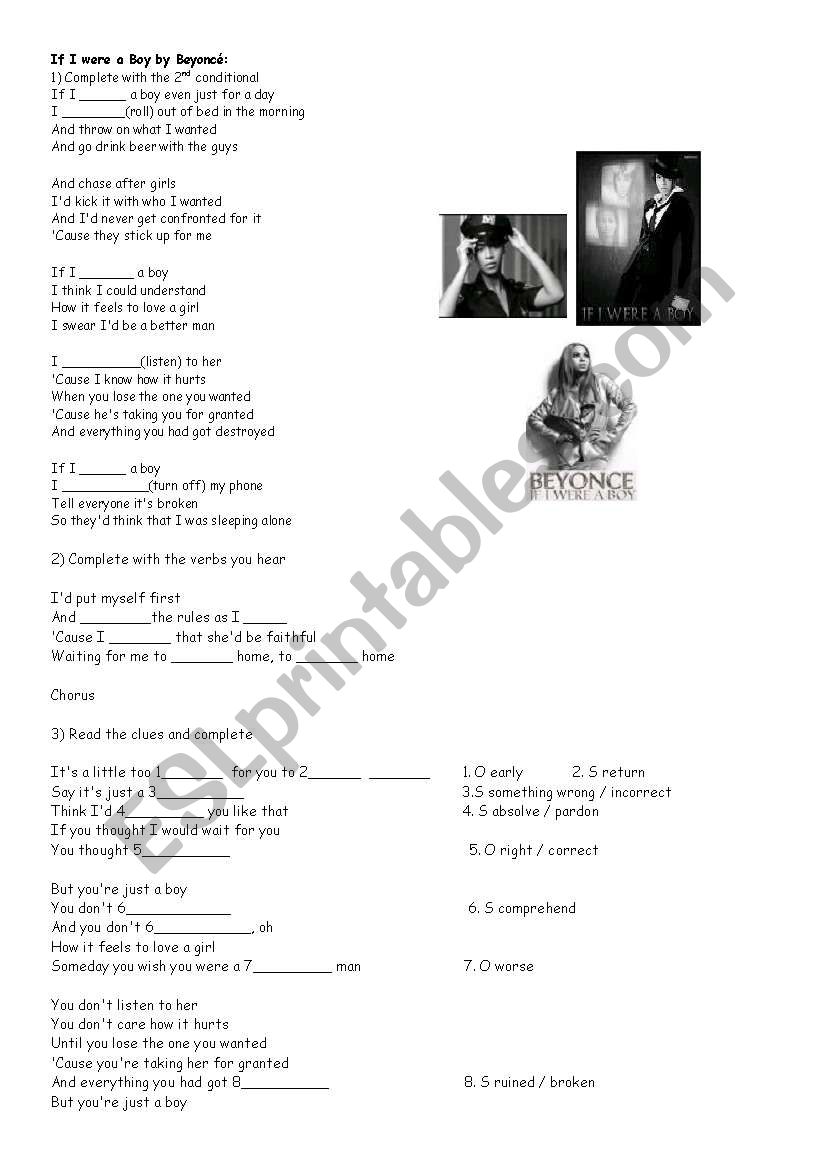 If I were a boy by beyonce worksheet