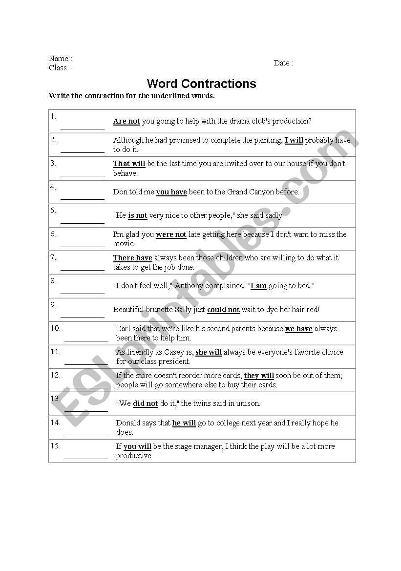 Word Contraction worksheet