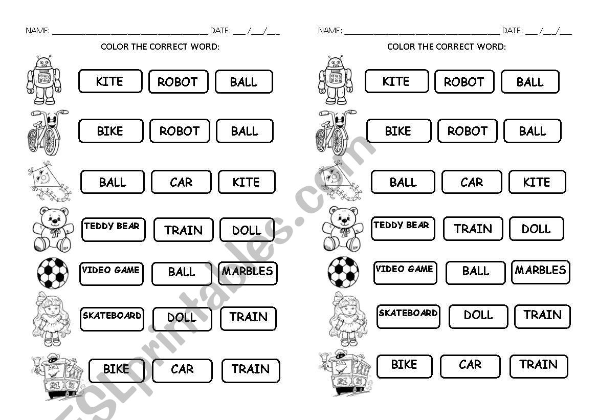 Toys - choose the right word worksheet