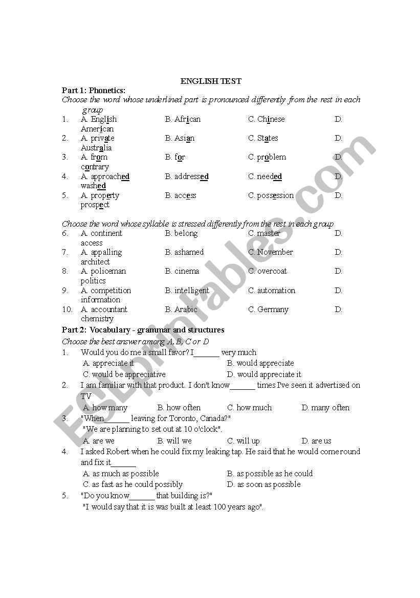 ENGLISH TEST worksheet