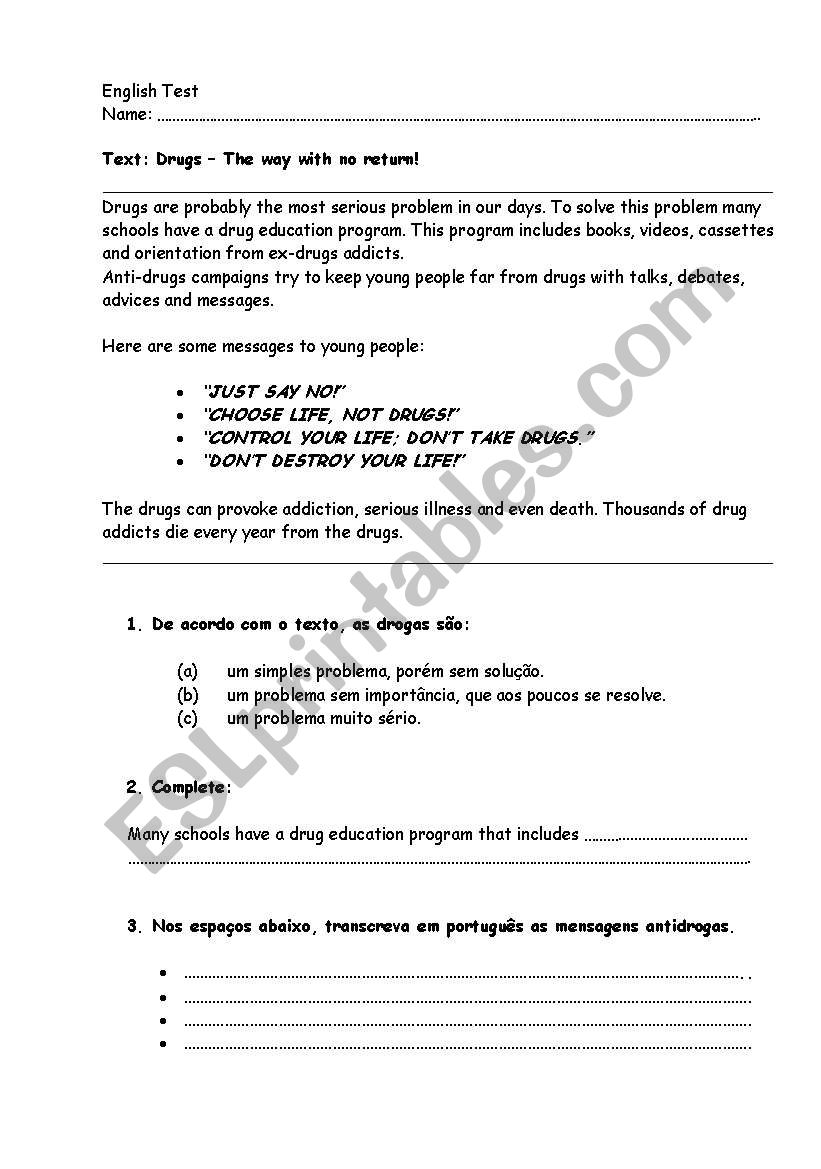 Drugs, the way with no return worksheet