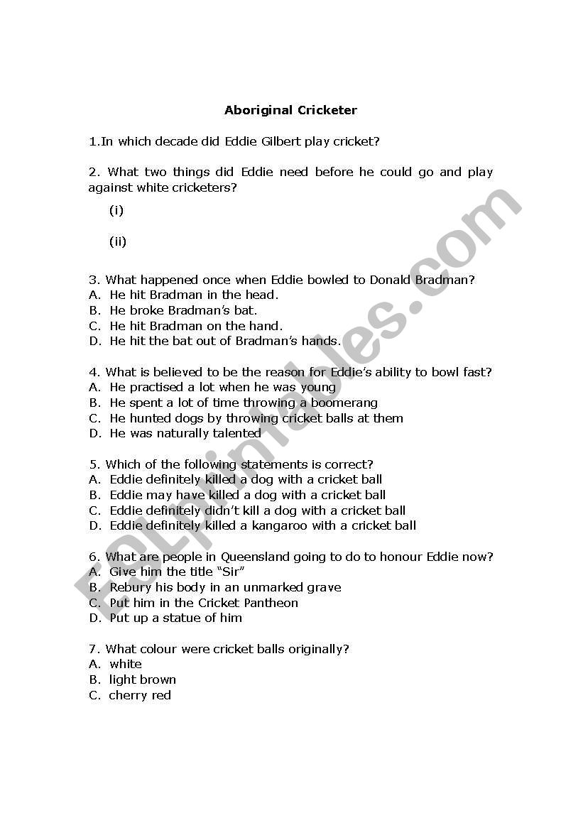 Aboriginal Cricketer worksheet