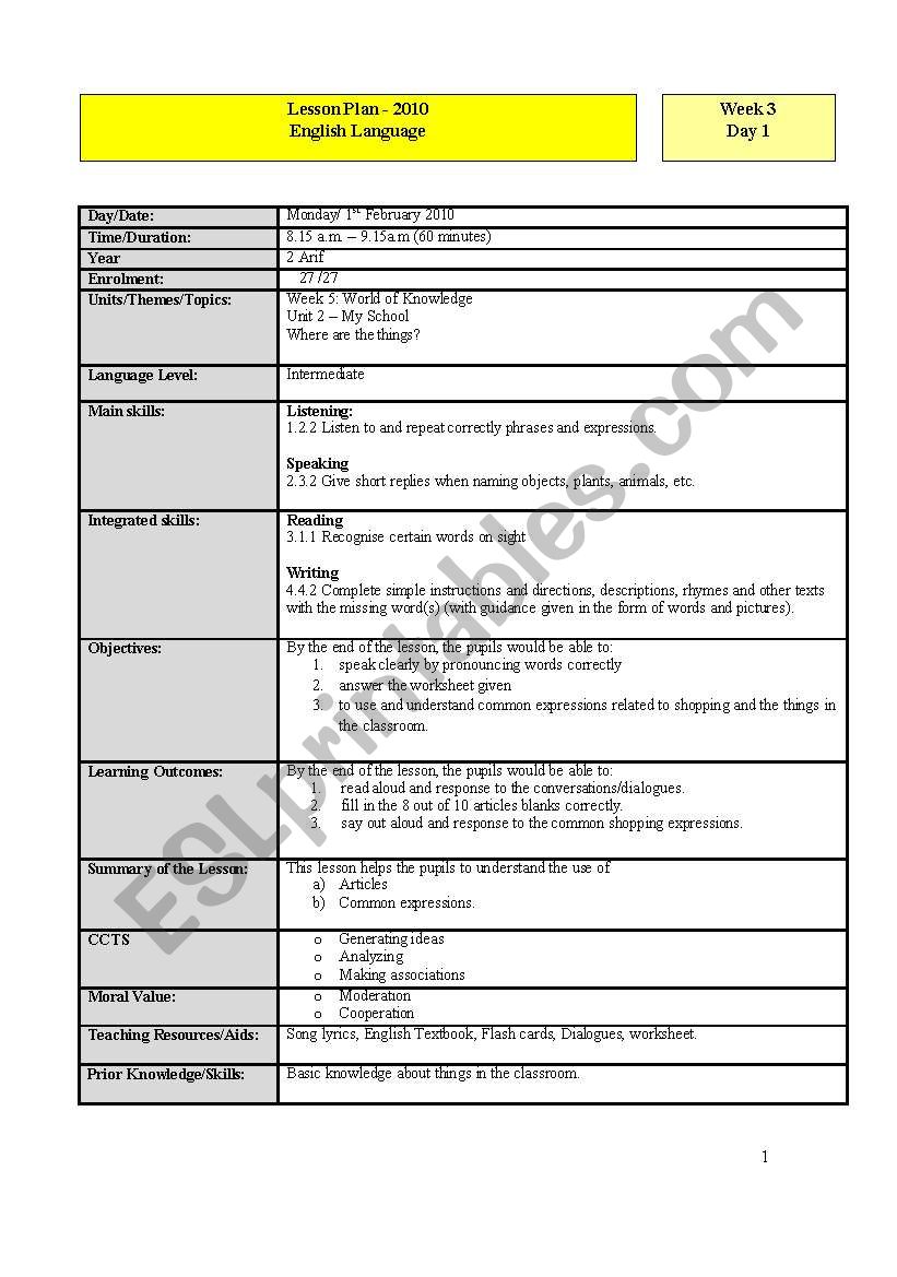 lesson plan: articles Â´aÂ´ and Â´anÂ´