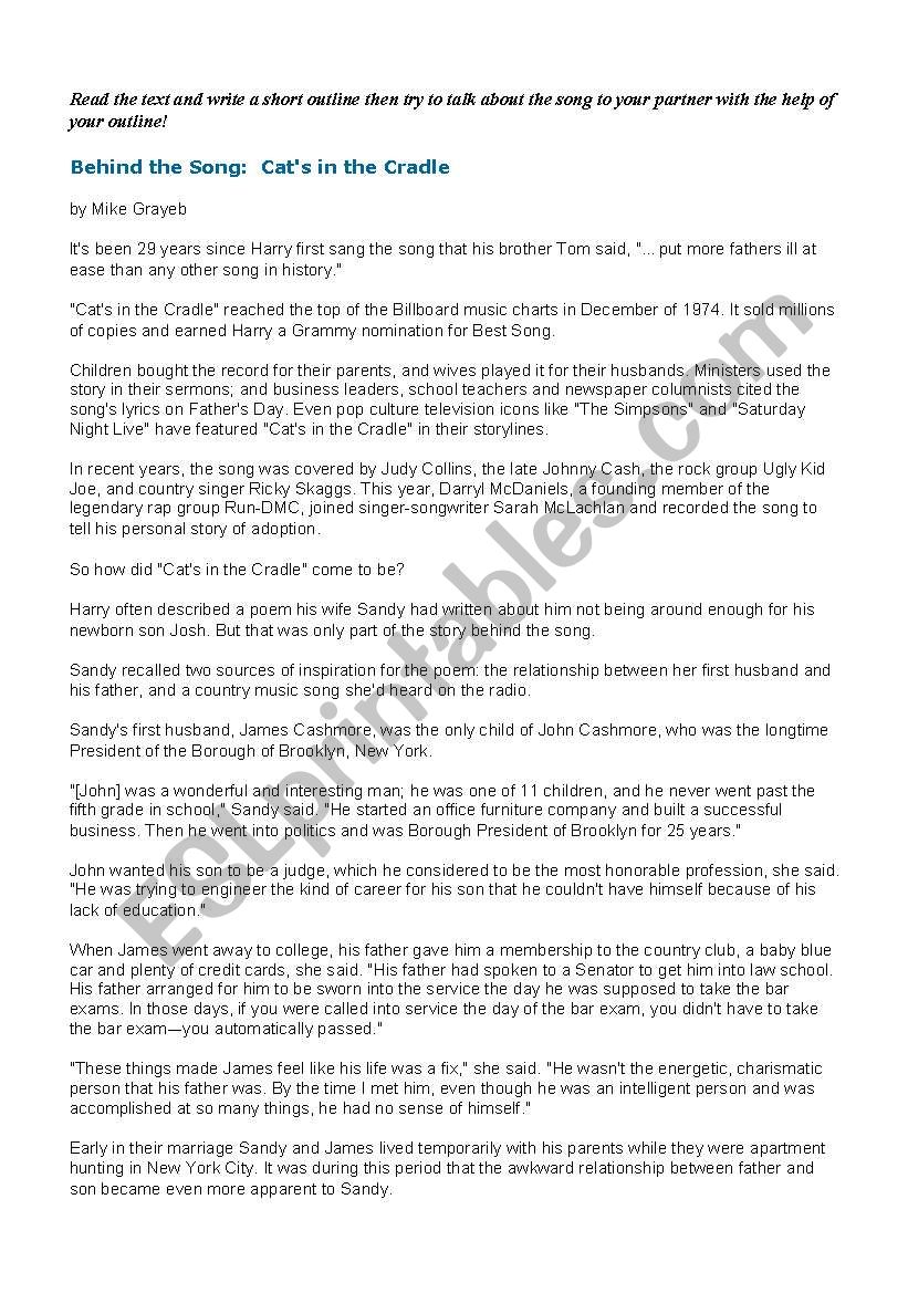 Listening And Reading Cats In The Cradle Esl Worksheet By Emcsi7