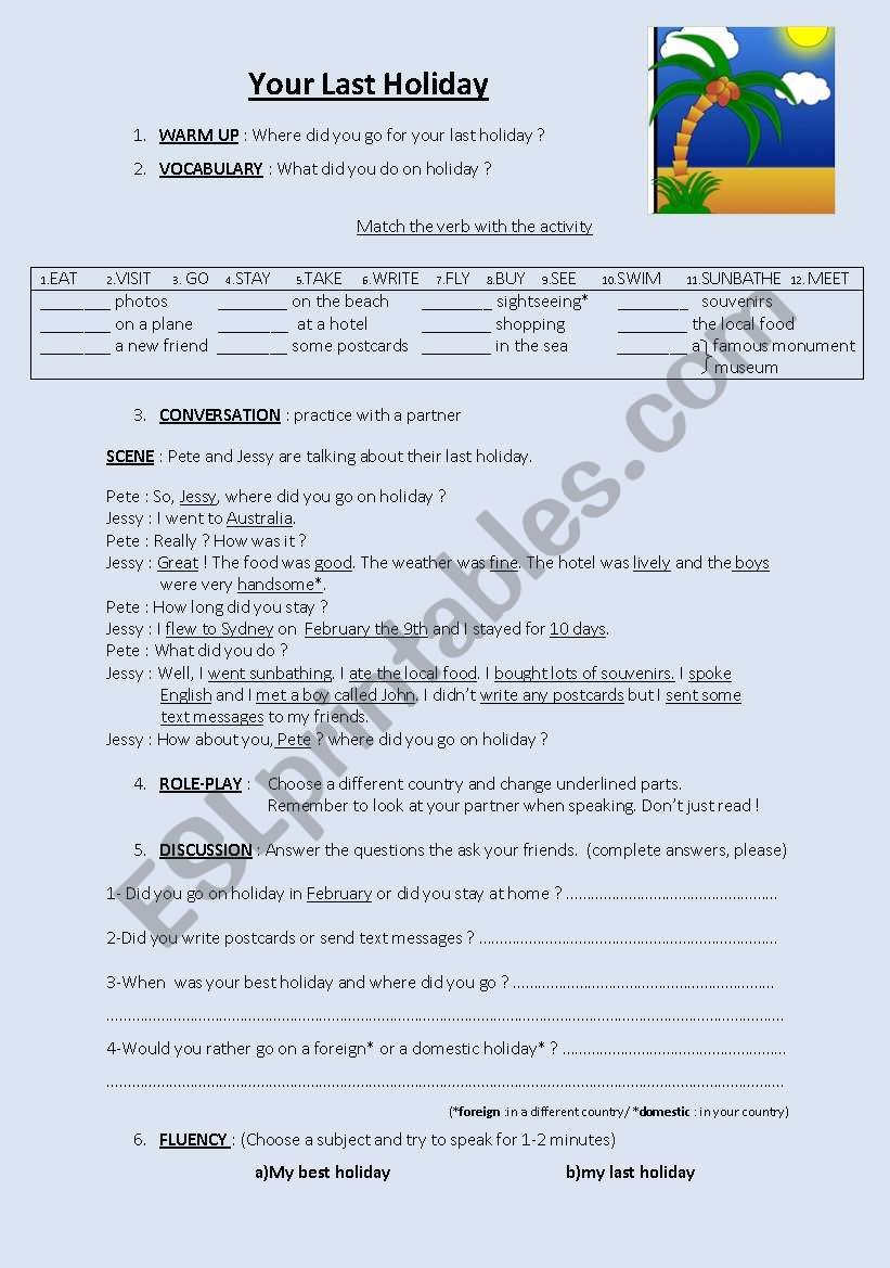 SPEAKING : Your Last Holiday  worksheet