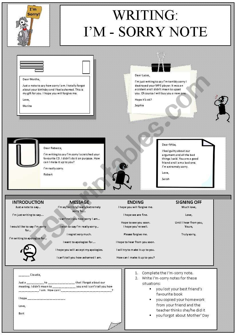 WRITING - IÂ´m sorry note worksheet