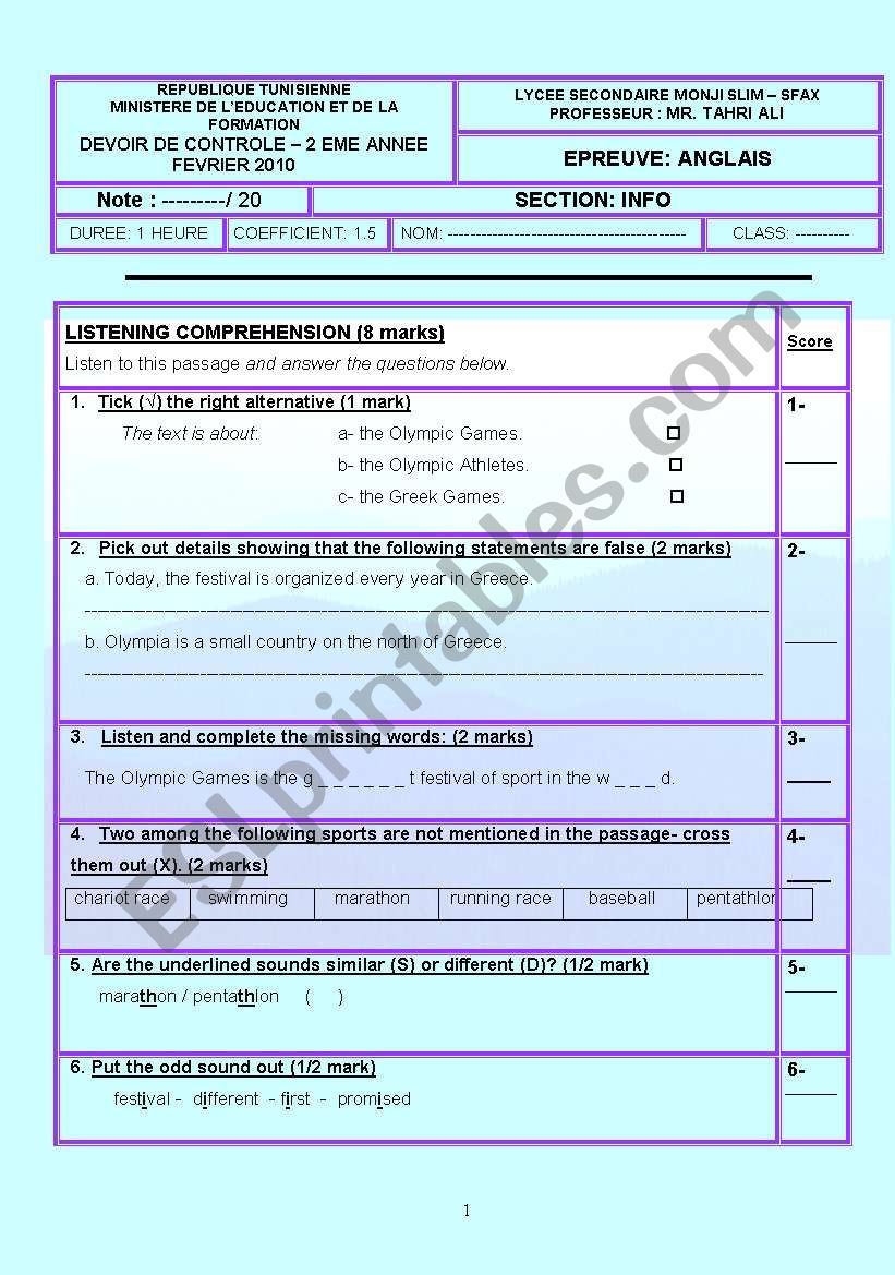 Mid-term Test (2nd secondary) worksheet