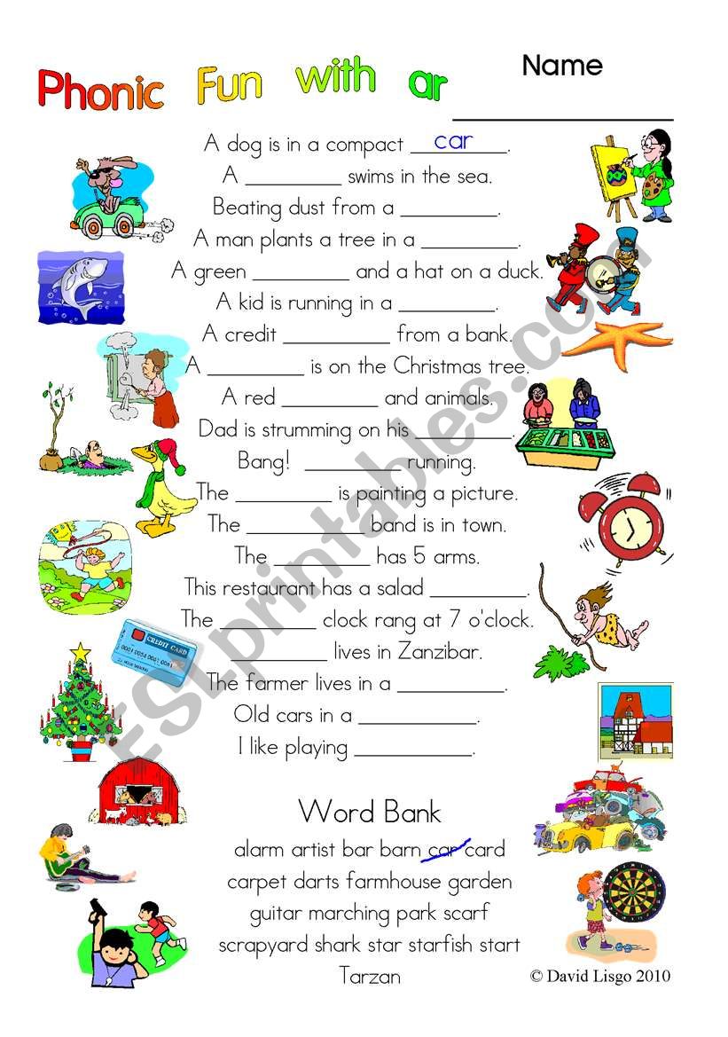 3 pages of Phonic Fun with ar: worksheet, story and key (#1)
