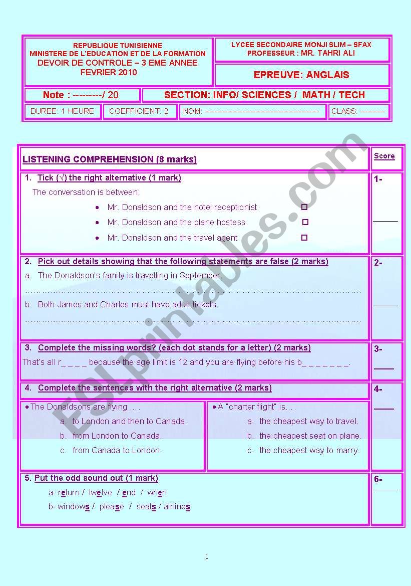 Mid-Term test (3rd secondary) worksheet