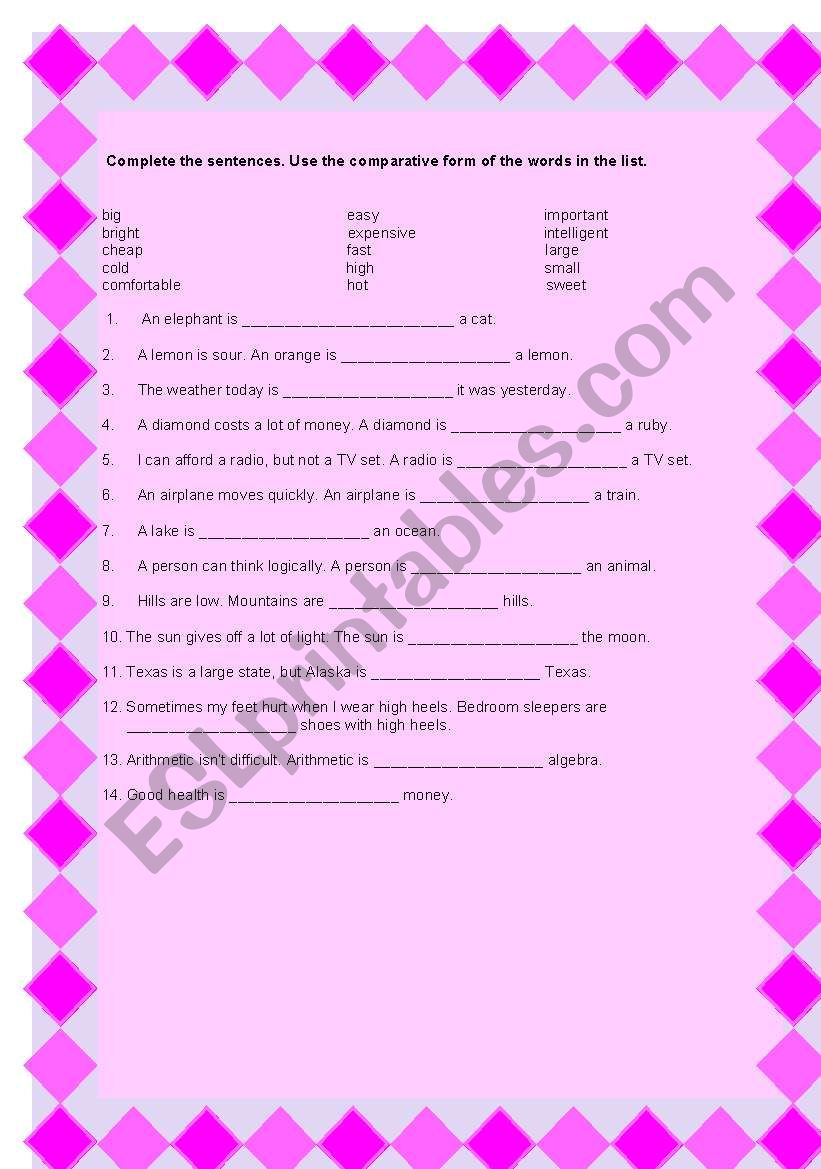comperatives of adjective worksheet