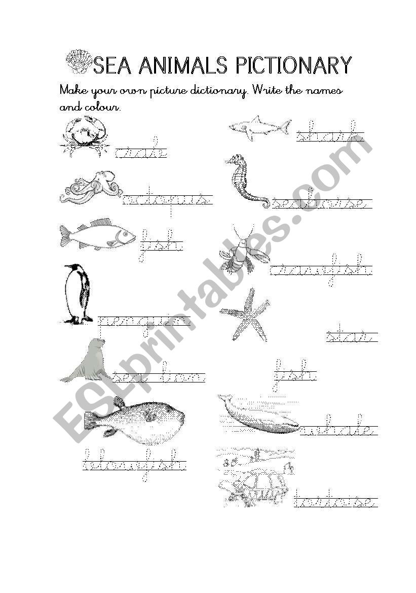 Sea Animals Pictionary worksheet