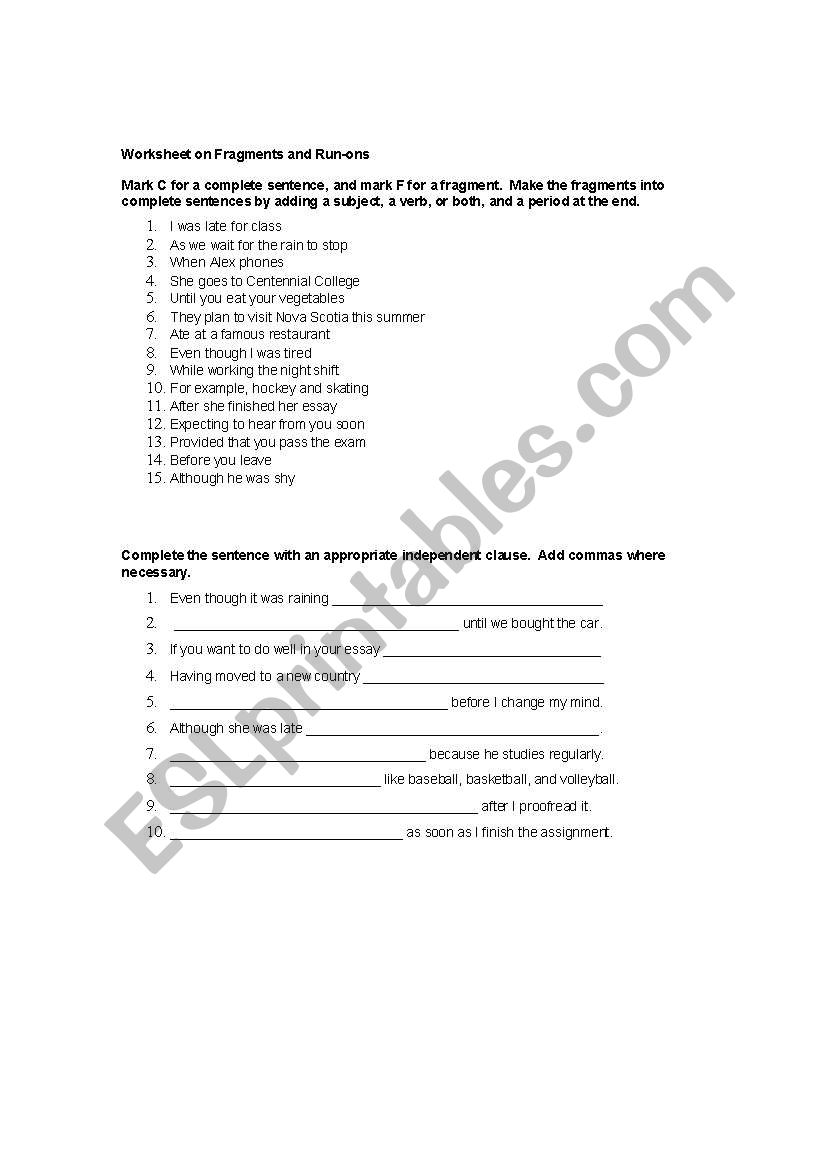 Fragment and Run-On Worksheet worksheet