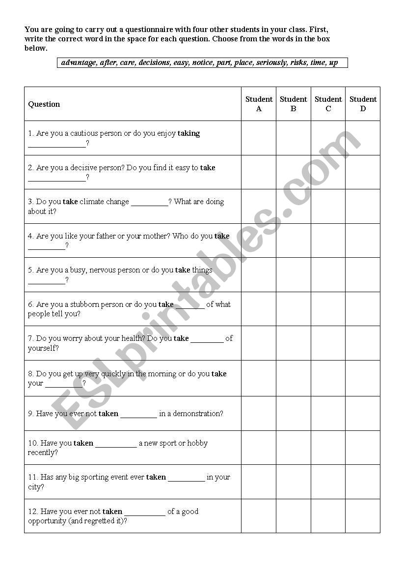 Expressions With ´Take´ - Questionnaire
