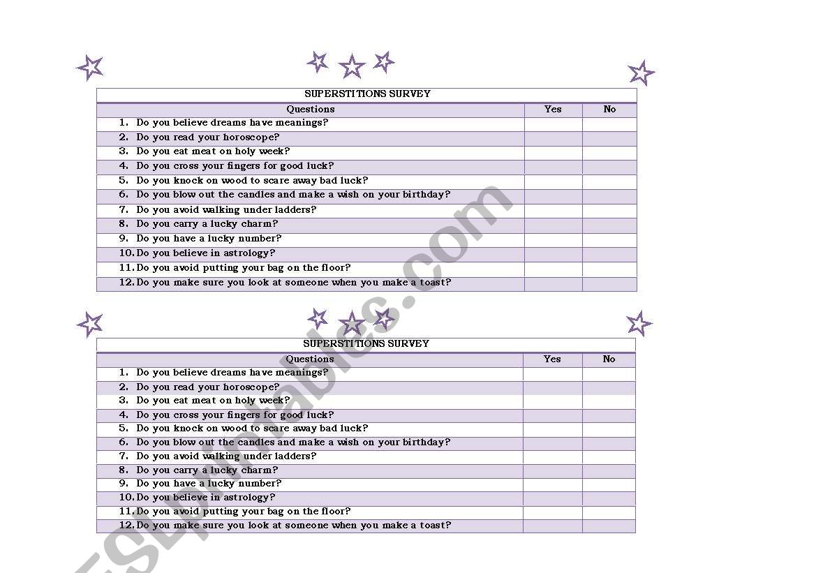 Superstitions survey worksheet