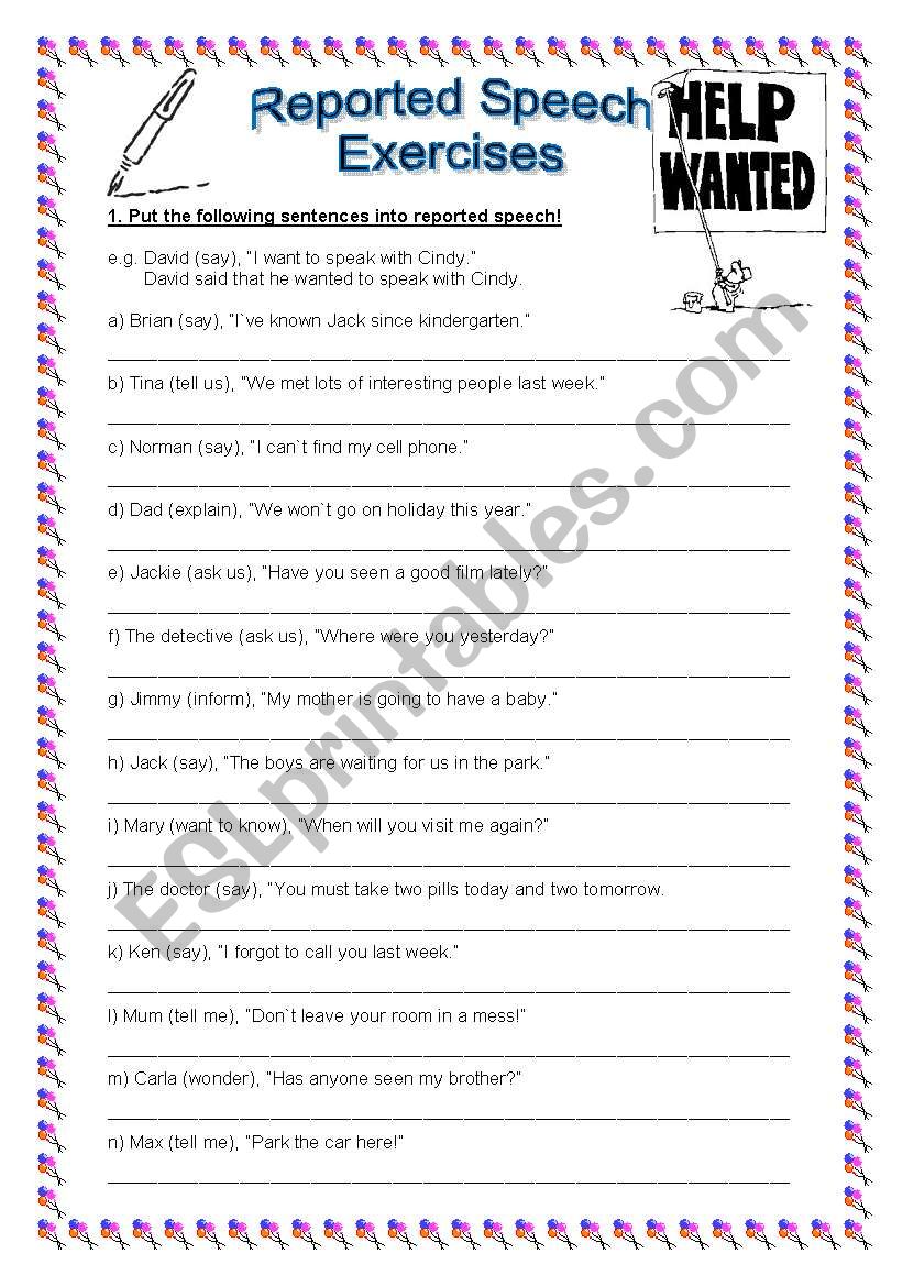 esl reported speech questions exercises