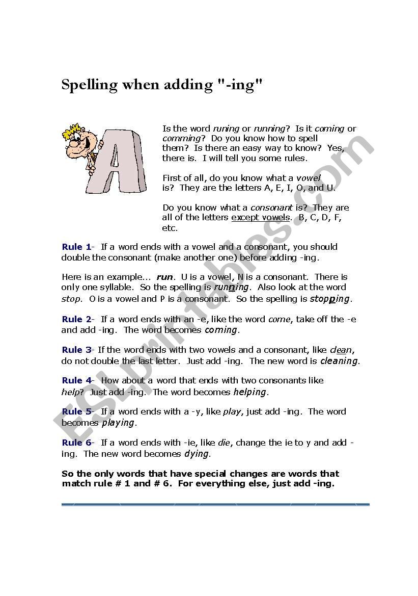 Explanation how to add -ing to the verbs