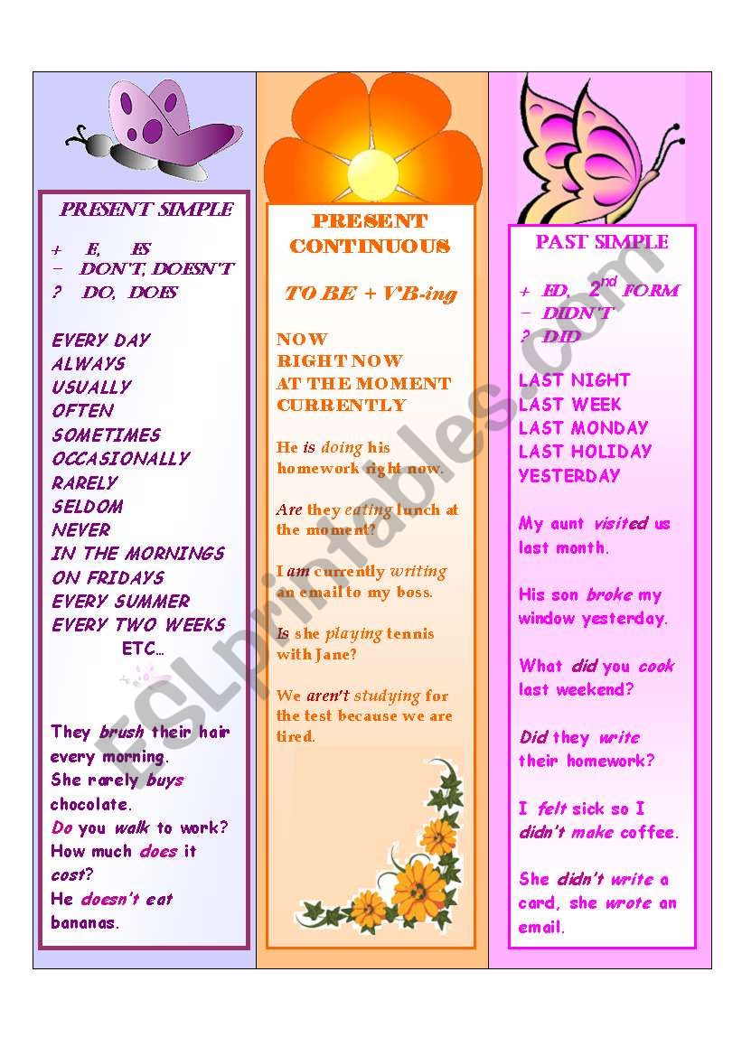 6 BOOKMARKS - Present Simple and Continuous, Past Simple, Future and Irregular verbs