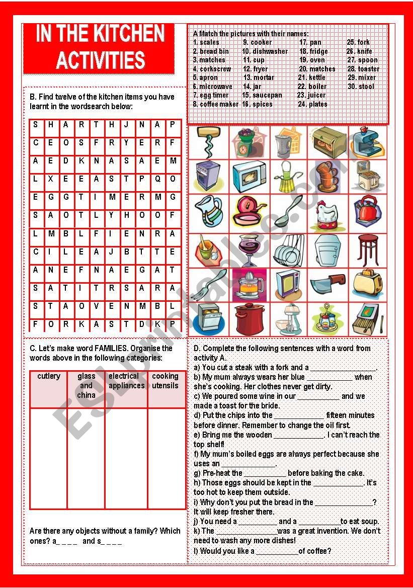 In the kitchen, activities worksheet