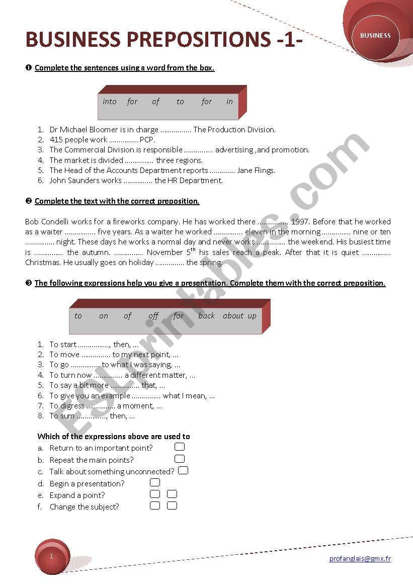 BUSINESS PREPOSITIONS -1 worksheet