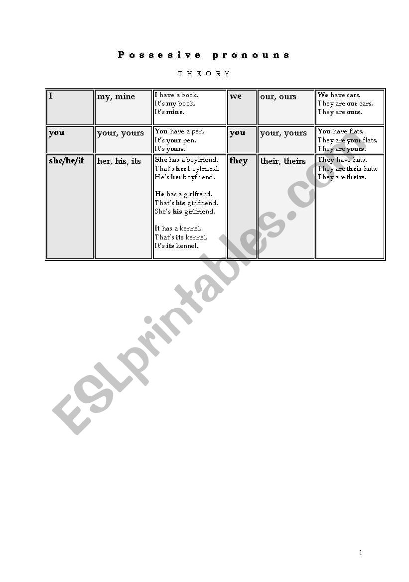 possesive pronouns worksheet