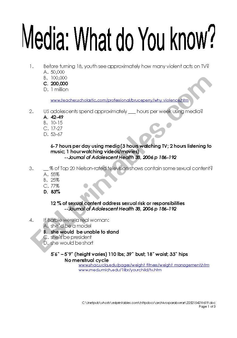 Media Influence worksheet