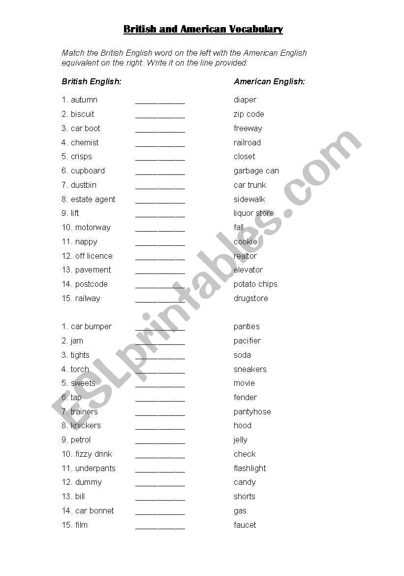 British and American English worksheet