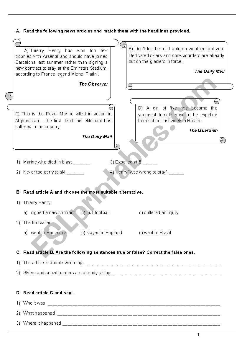 Newspaper articles worksheet