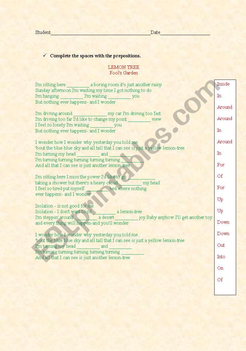 Lemon tree song worksheet worksheet