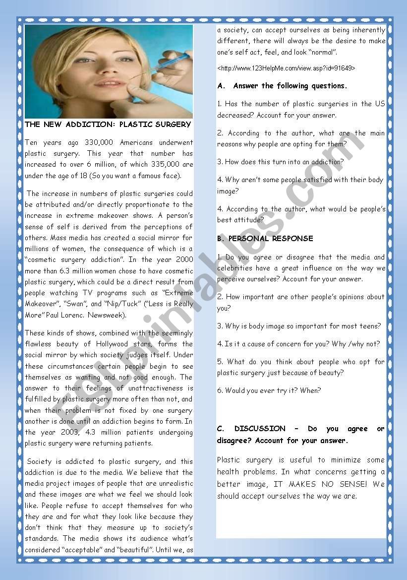 TEENSÂ´ LIFE /BODY IMAGE-THE NEW ADDICTION: PLASTIC SURGERY-+SPEAKING