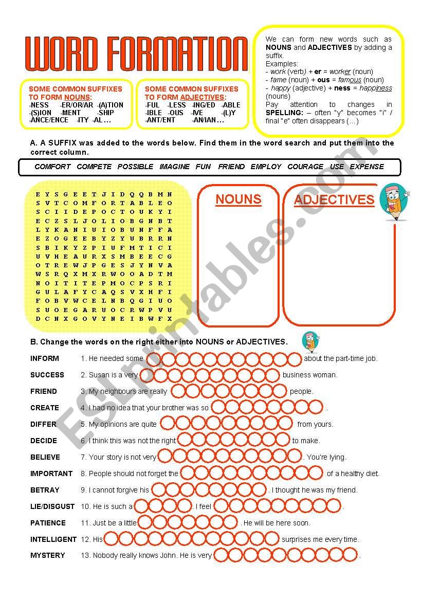 WORD FORMATION - SUFFIXES (nouns & adjectives) - KEY INCLUDED