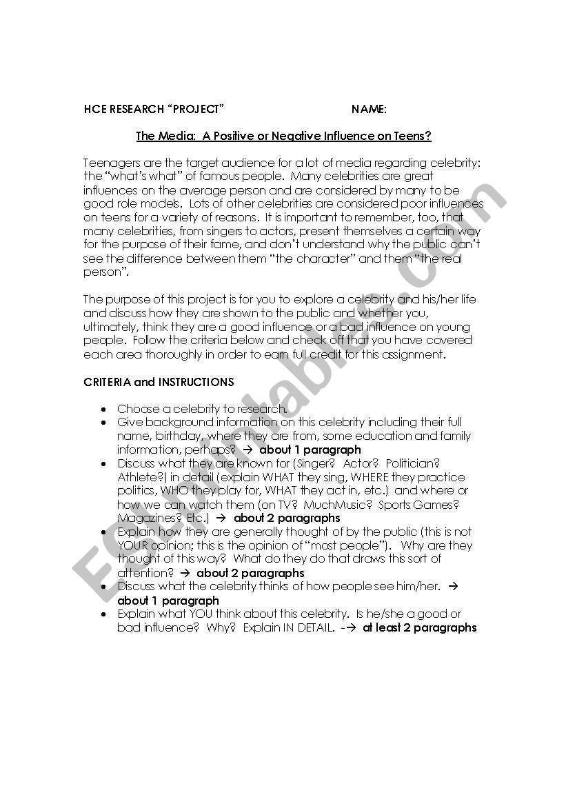 Celebrity Assignment- Fun for Teens
