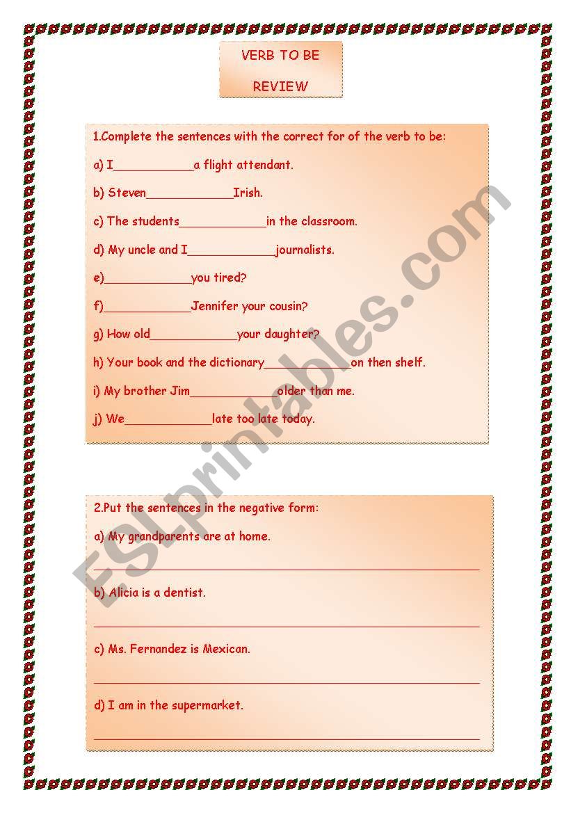 Review of Verb To Be worksheet