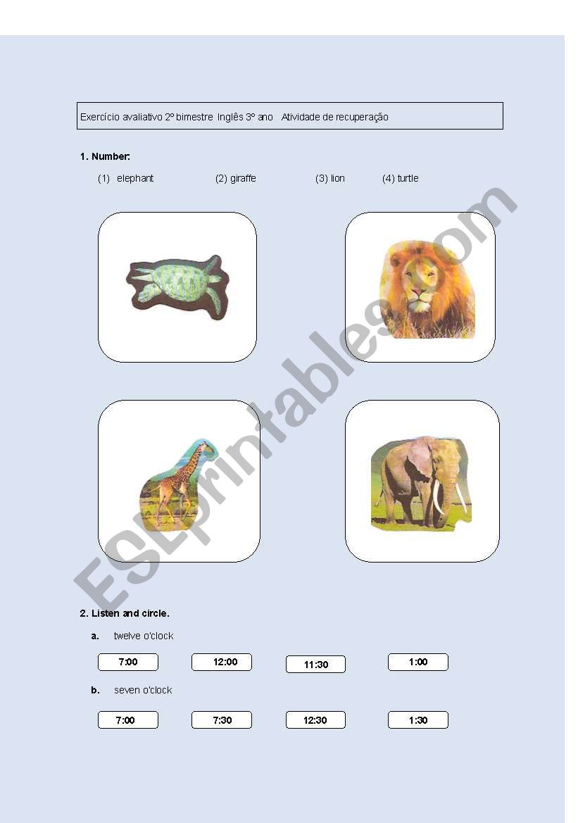 TEST ON ANIMALS, TIME, NUMBERS 1 TO 12, COLORS