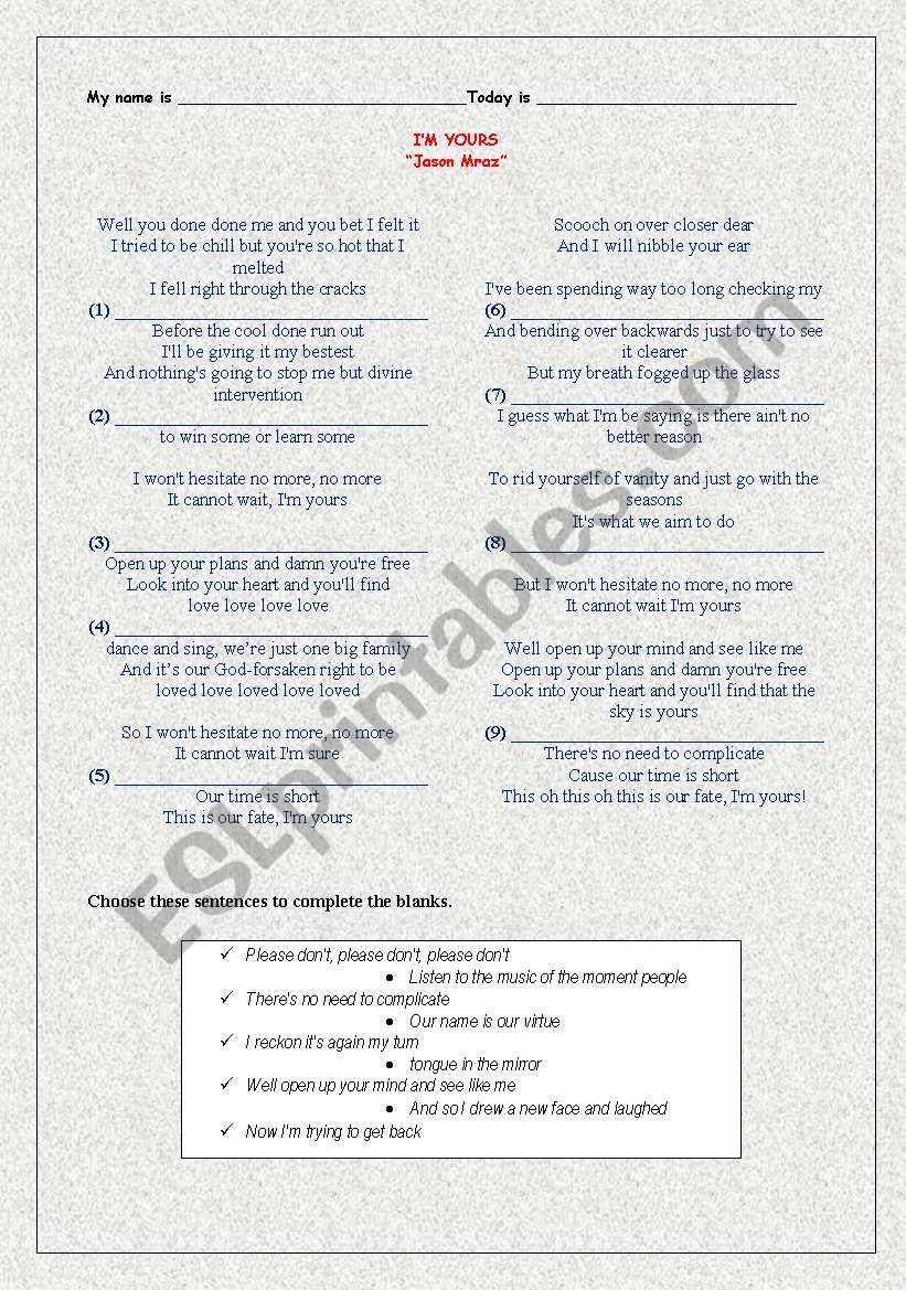 Im yours  Jason Mraz  Song worksheet