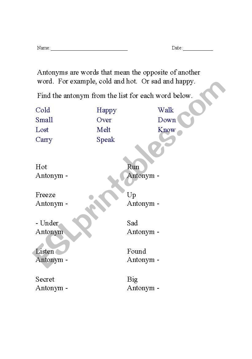Antonyms  worksheet