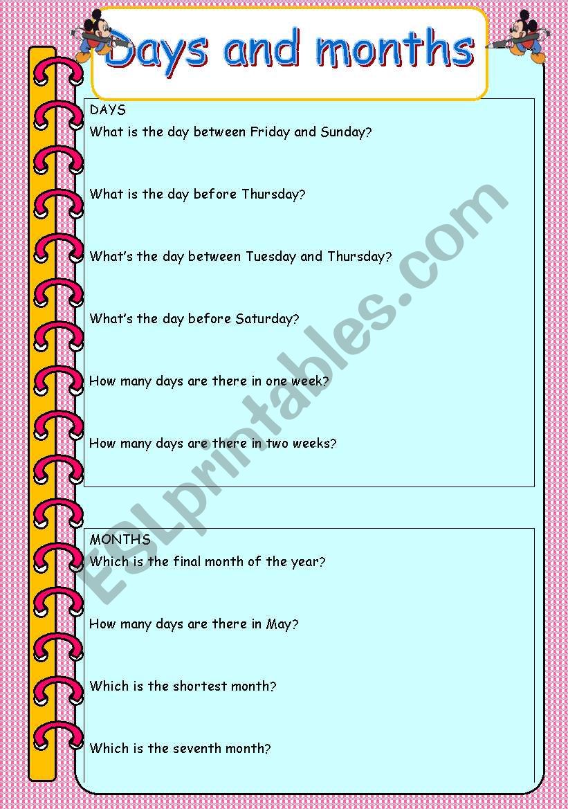 days and months worksheet