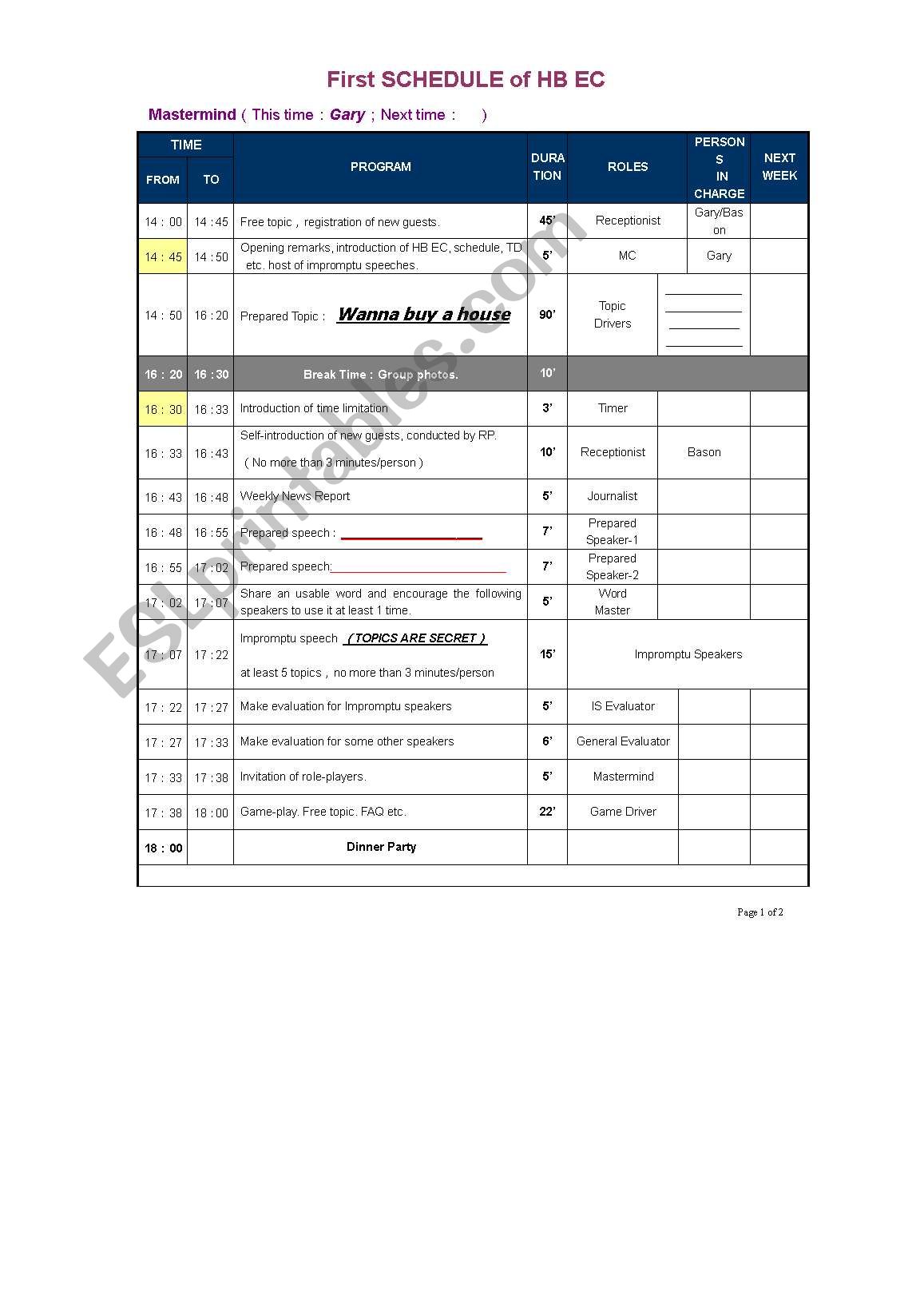 Schedule worksheet