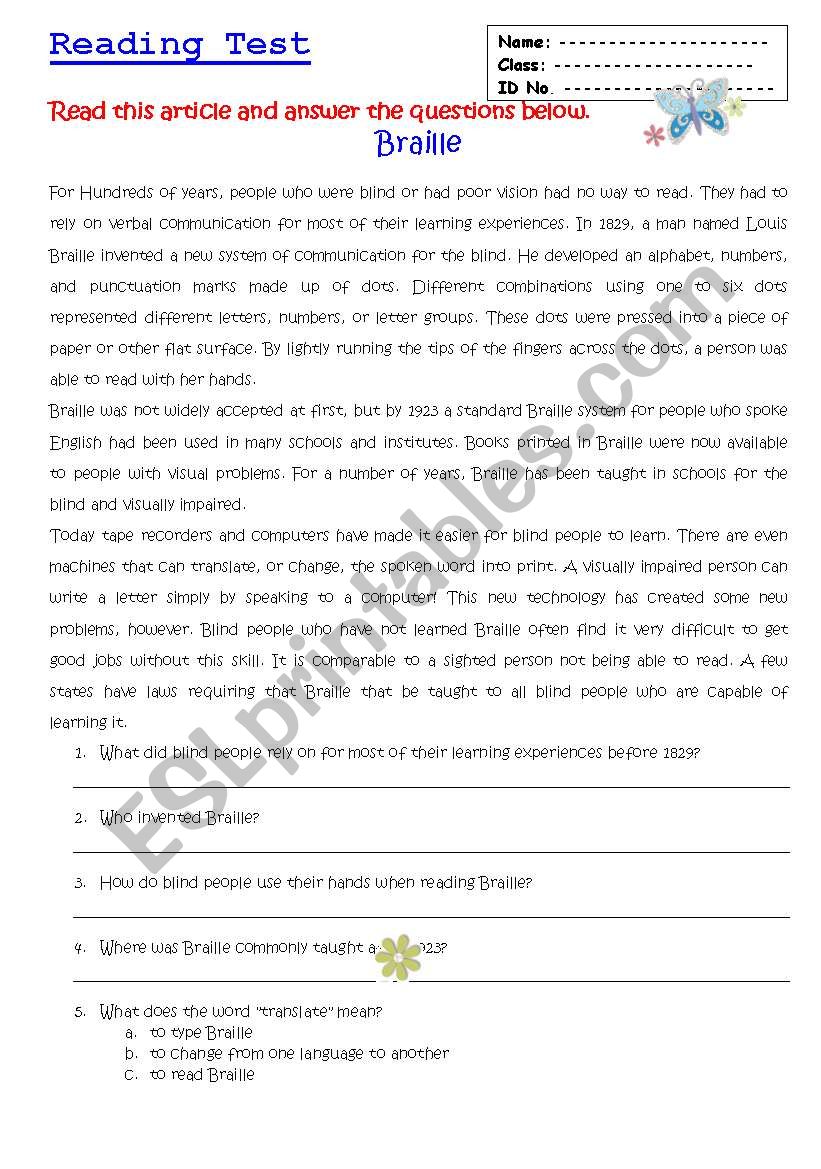 Reading comprehension worksheet