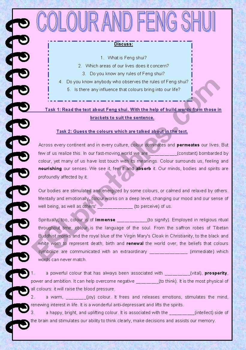 Colour and Feng Shui worksheet