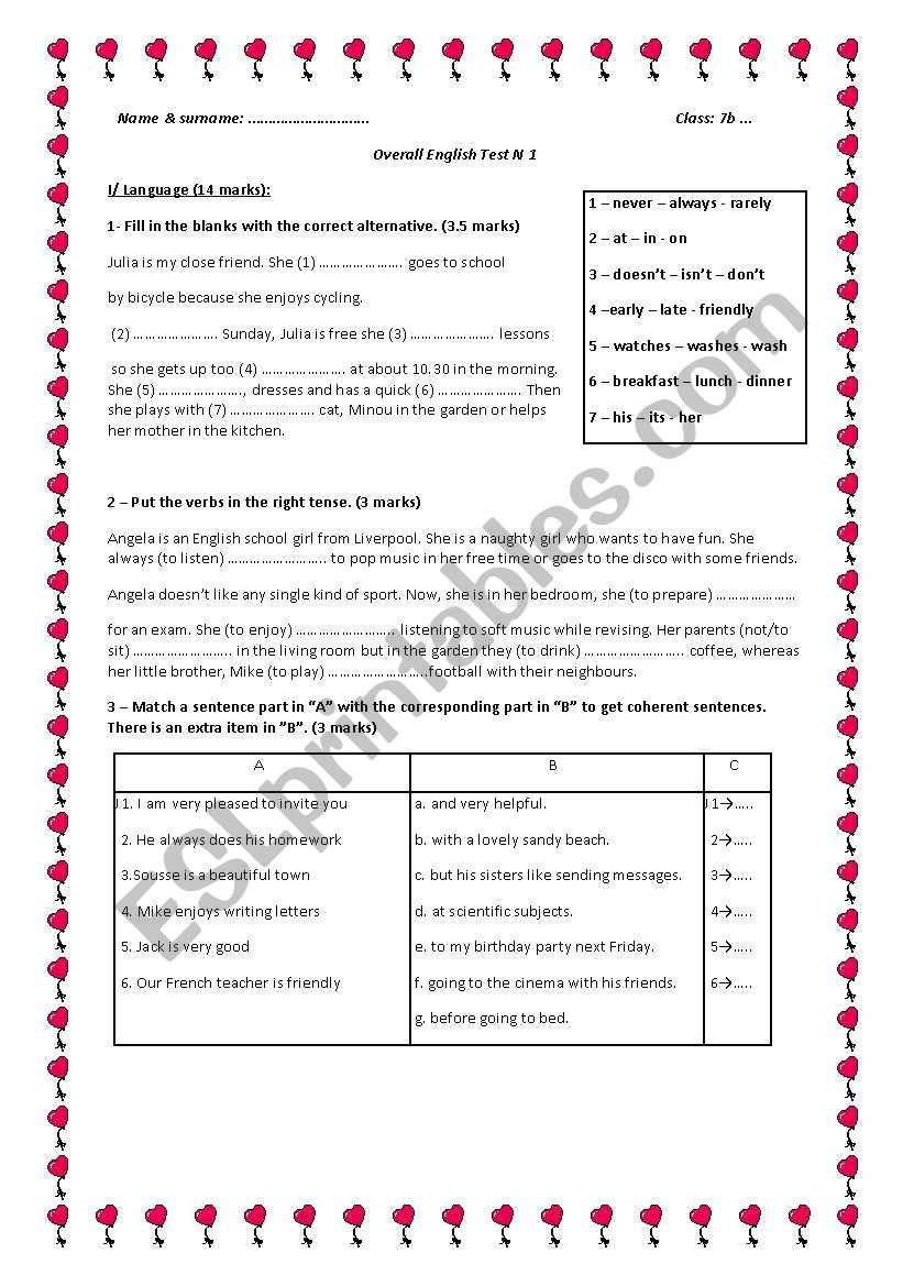 English test 1 for Tunisian 7th form pupils