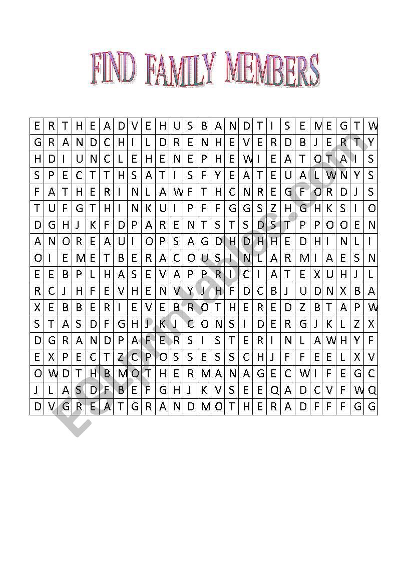 family wordsearch with key worksheet