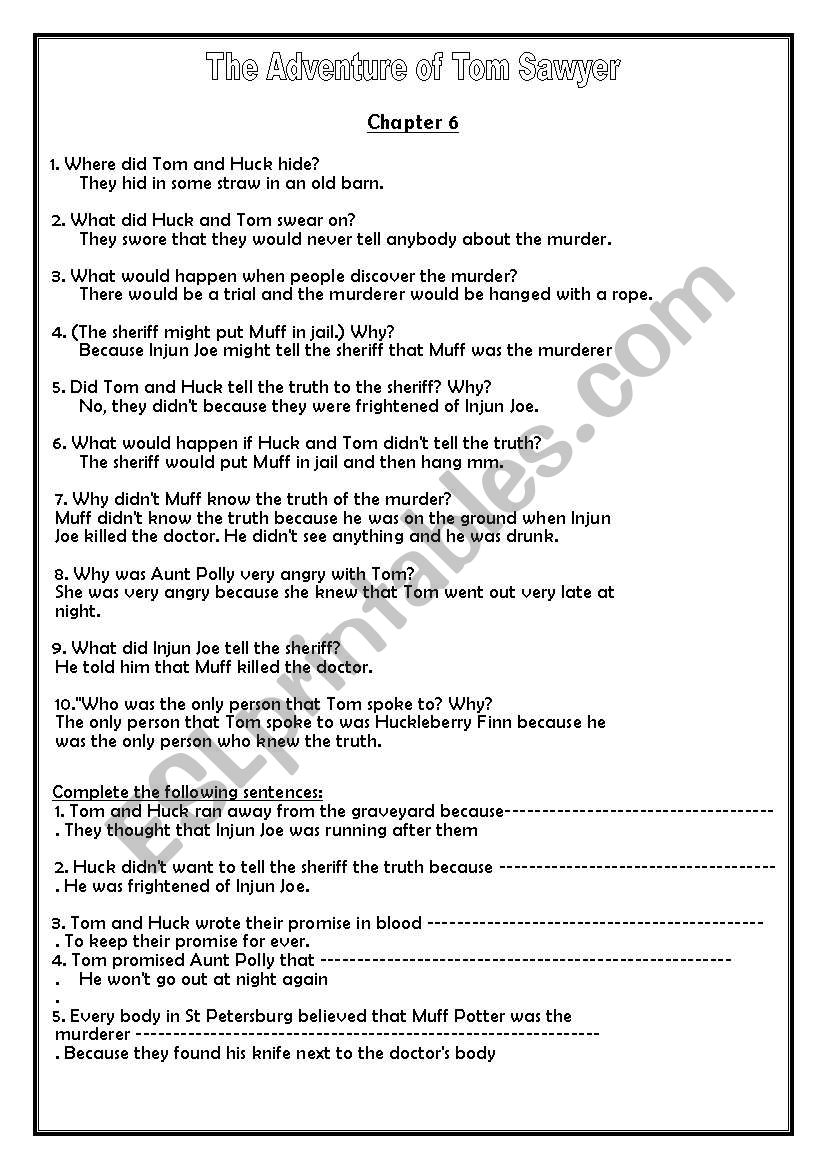 Tom Saywer worksheet