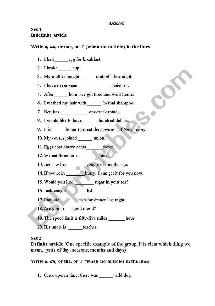 Articles worksheet worksheet